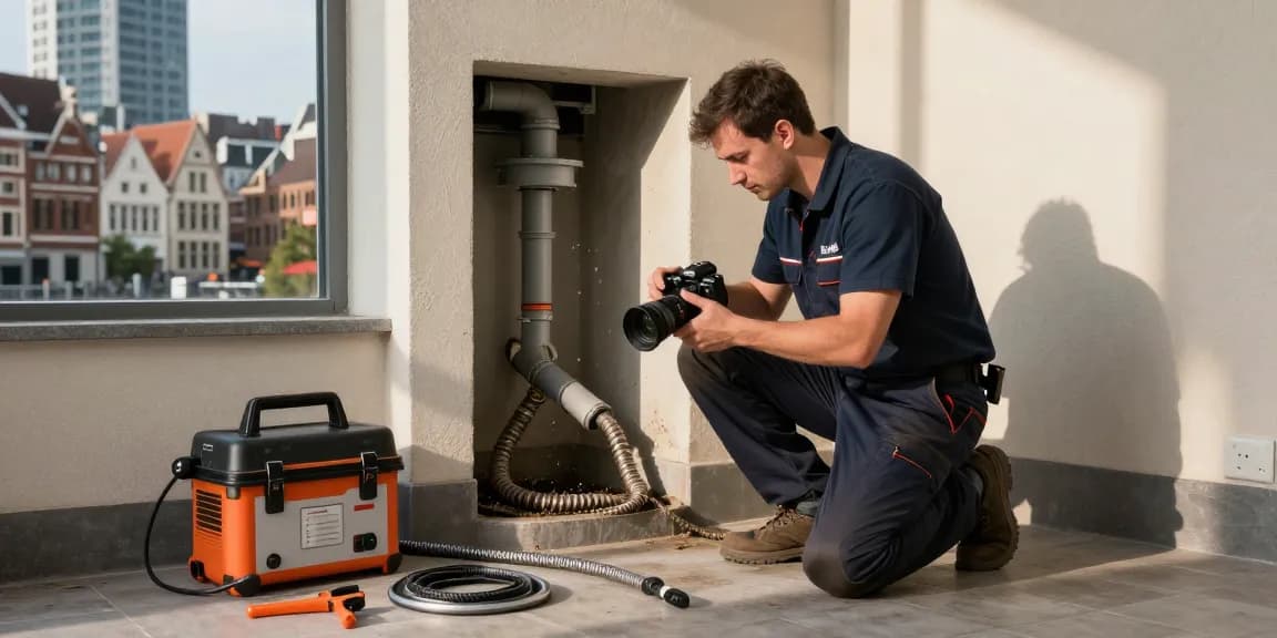 Ontstopping Antwerpen met professionele technicus in actie bij een riolering inspectie.