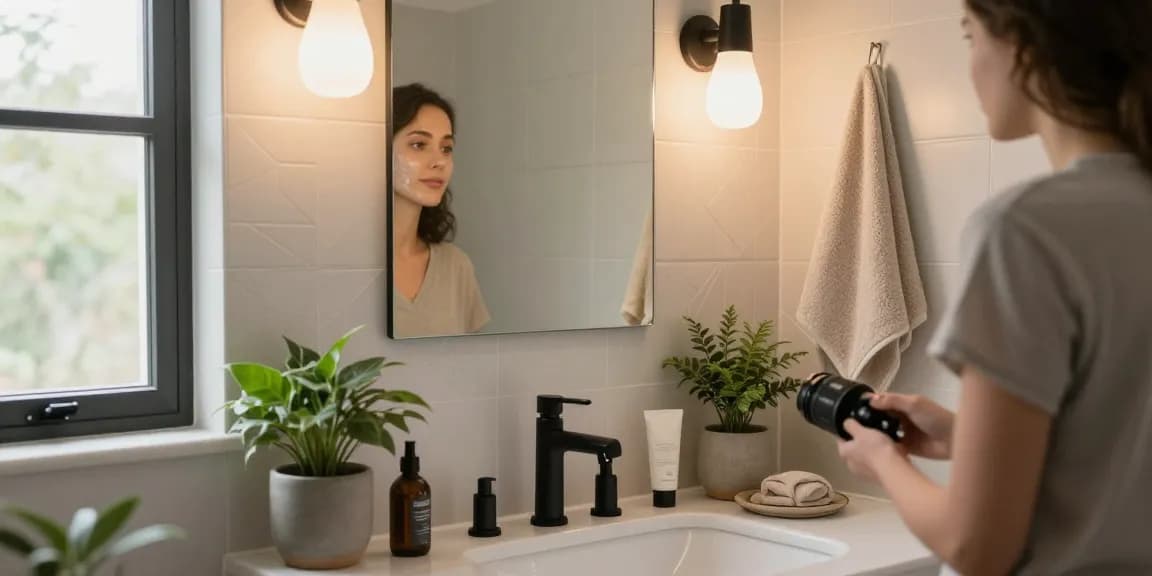 Een stijlvolle badkamerkraan in een moderne badkamer met zachte verlichting en natuurlijke elementen.