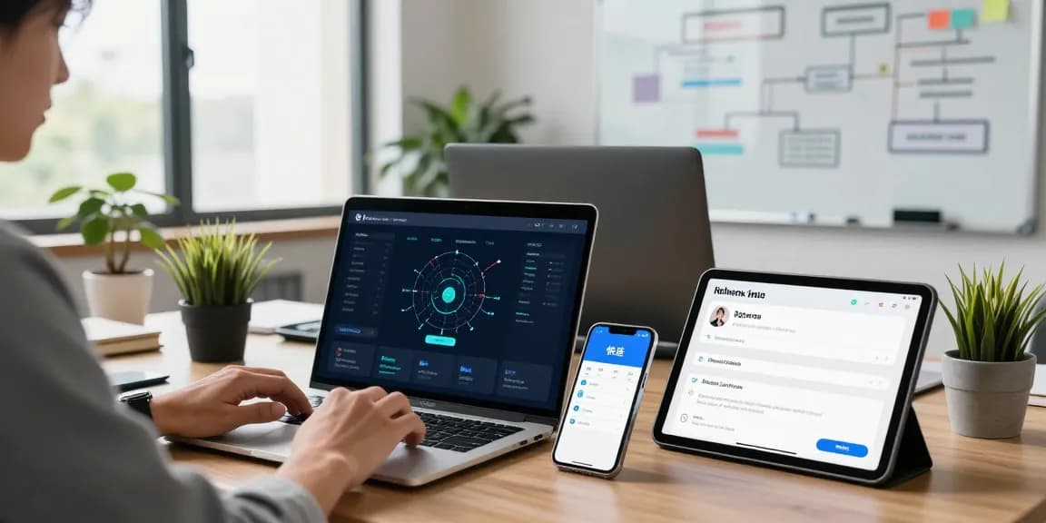 快连 application demonstrated on multiple devices in a modern tech workspace showcasing effective network performance analysis.