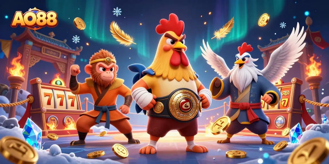 Experience excitement with AO88 casino characters amidst slot reels and golden coins.