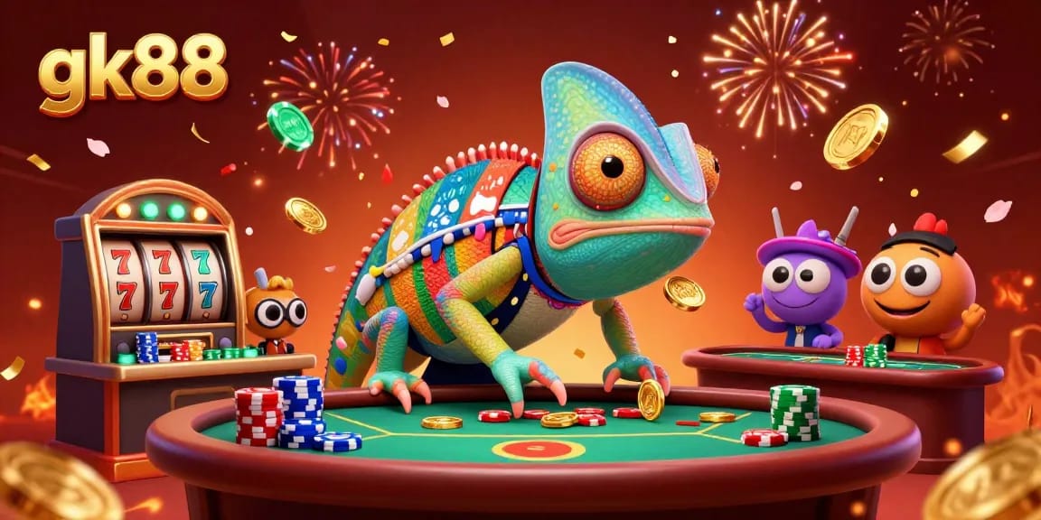 Engage with gk88's vibrant casino as the chameleon owner delights in winning moments with golden coins and fun gaming elements.