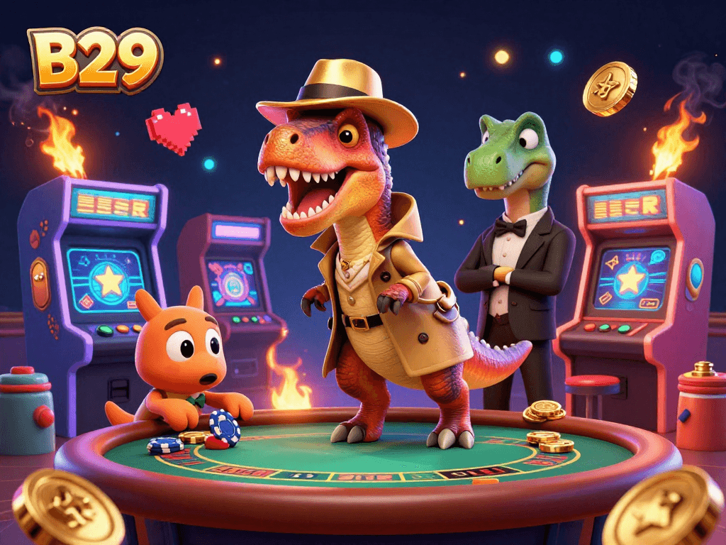 B29 offers exciting gameplay with a 3D velociraptor card counter in an elaborate casino scene.
