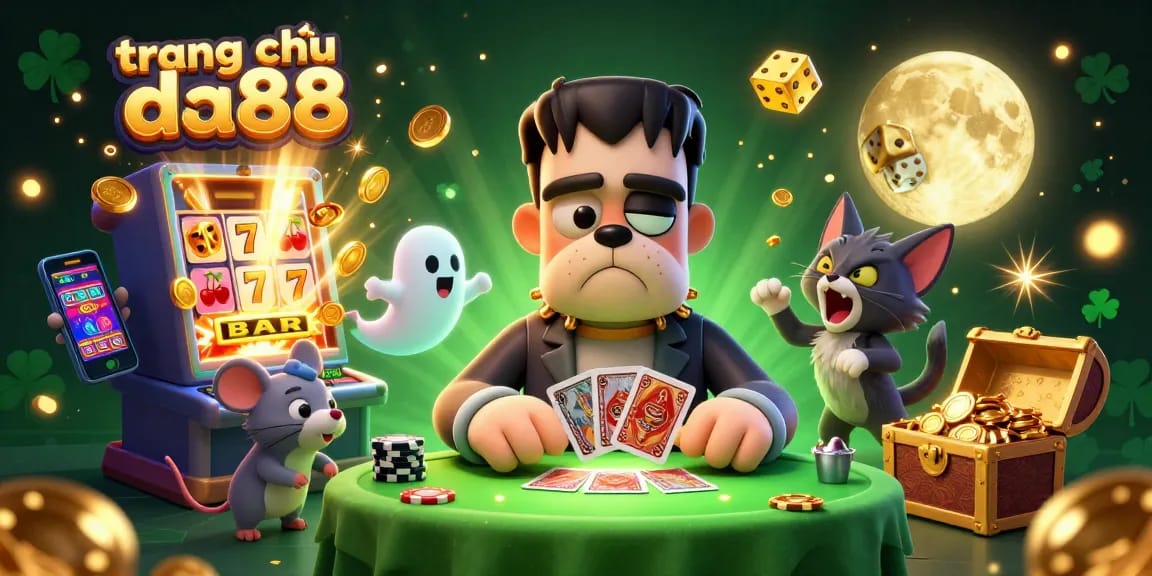 Experience the excitement of trang chủ da88 with a lively 3D illustration featuring casino characters.