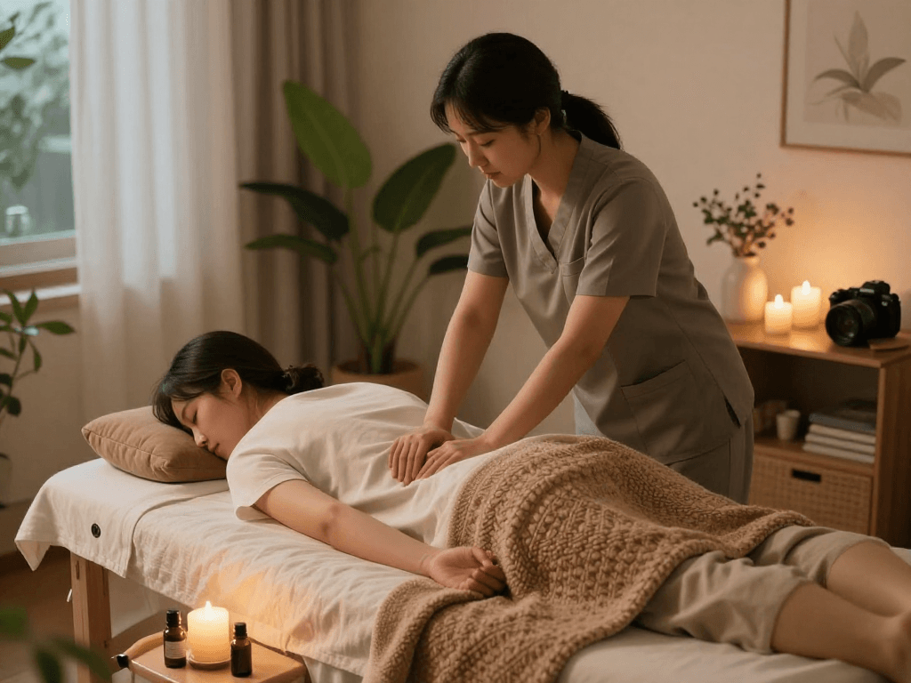 Relaxing 강북출장마사지 session in a cozy home environment with a professional therapist.