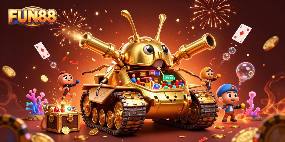 Enjoy the FUN88 casino experience with a vibrant 3D illustration showcasing a dynamic beetle tank casino.