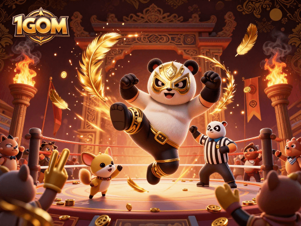 1GOM showcases a thrilling 3D scene of a panda wrestler and animal spectators in a vibrant gambling arena.