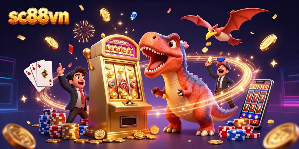sc88vn showcases a dynamic casino scene with a pachycephalosaurus winning jackpot coins from a slot machine.