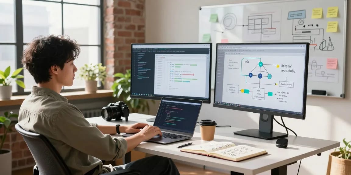 Build internal tools with AI in a modern workspace featuring coding displays, flowcharts, and creative elements.