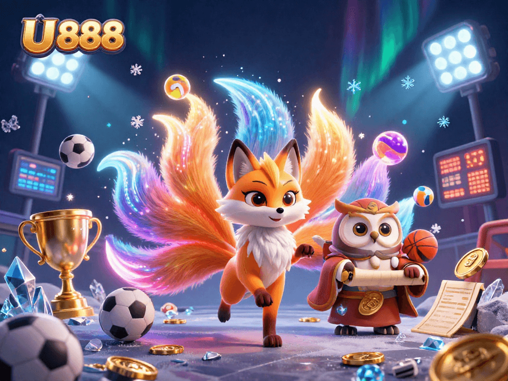Experience thrilling gaming excitement with U 888's dynamic casino atmosphere featuring unique characters and sports elements.