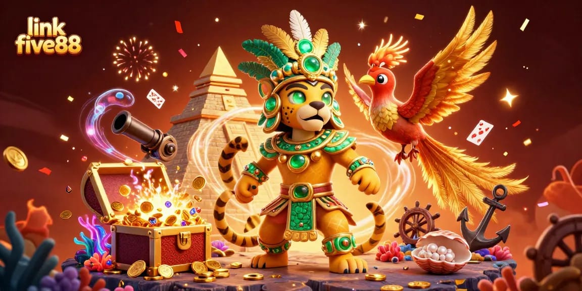Experience the excitement of link five88 with vibrant casino visuals featuring a Mayan jaguar priest.