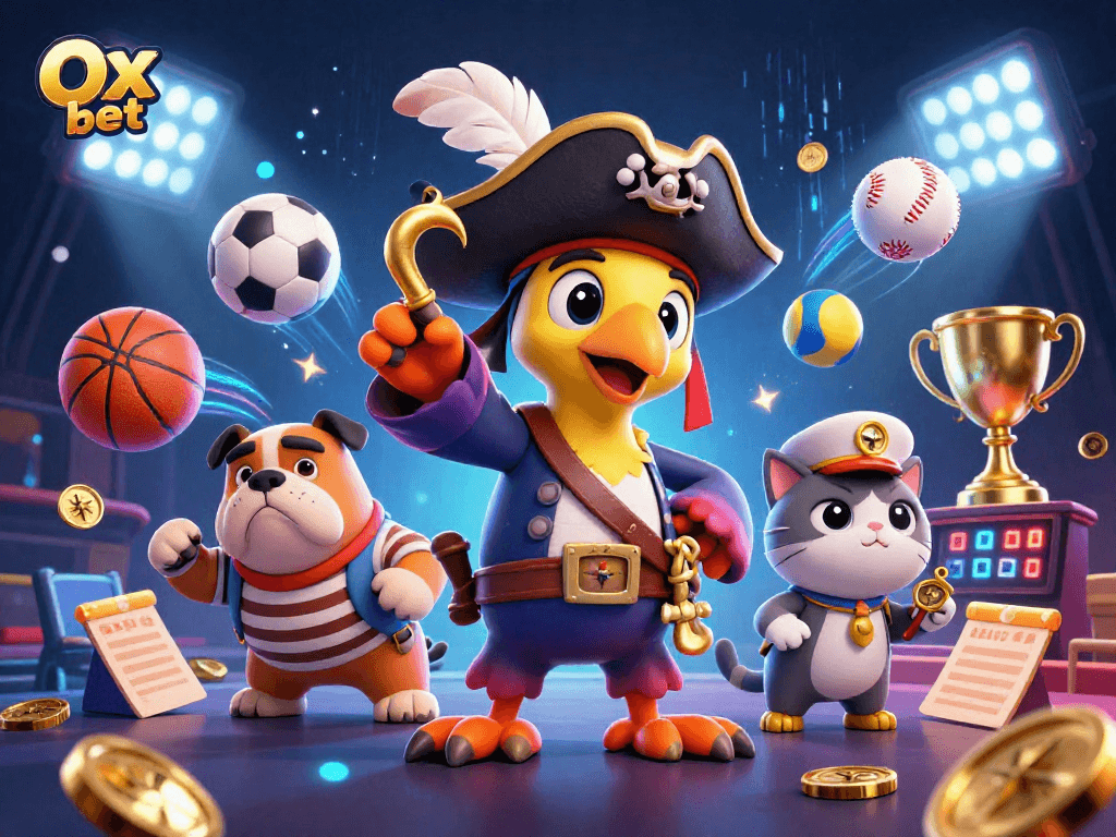Watch the pirate captain and his crew conquer games with Ox bet in this dynamic, colorful sports betting scene.