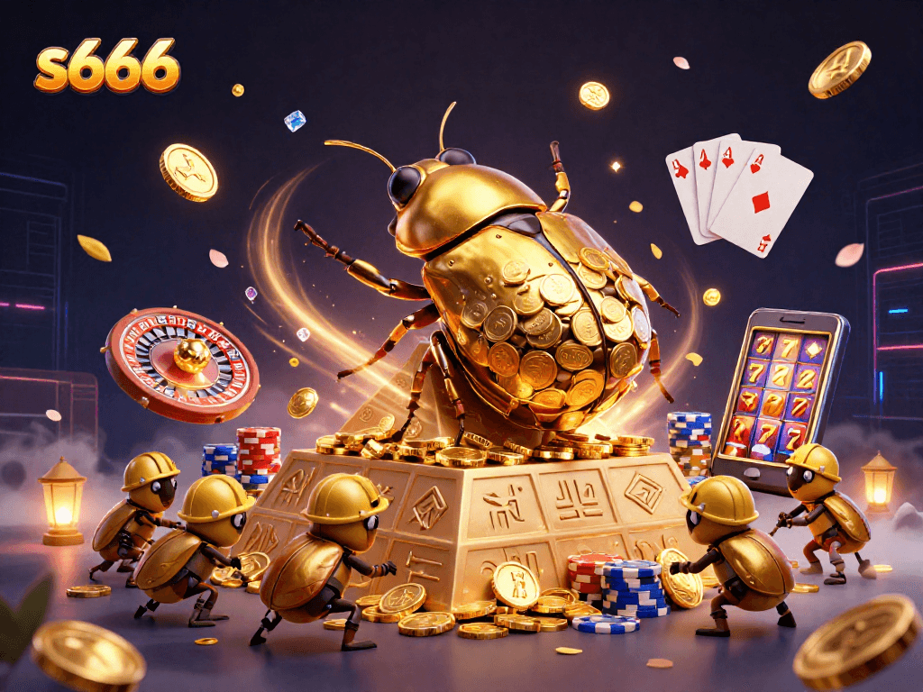 Engage with thrilling gaming experiences on s666 featuring massive golden beetles and vibrant casino elements.