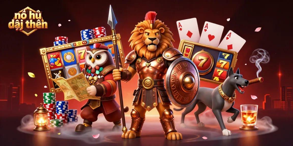 Experience the excitement of nổ hũ đổi thưởng with a heroic animated scene full of slot reels, characters, and vibrant casino elements.