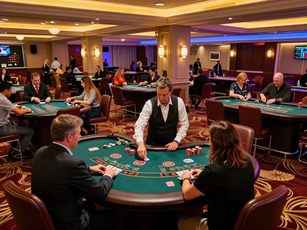 Players enjoying blackjack at UK88 casino, showcasing focused gameplay and vibrant atmosphere.
