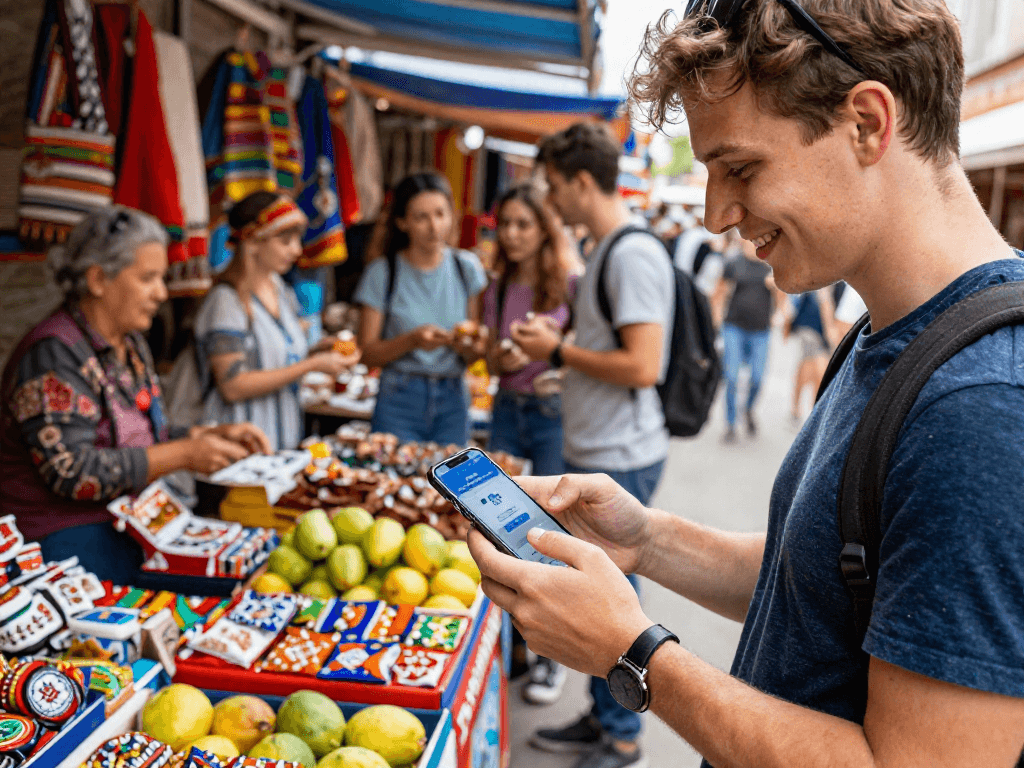 Een jonge toerist die eenvoudig betaalt met de PayInRussia-app in een levendige markt, omringd door lokale verkopers en kleurrijke producten.