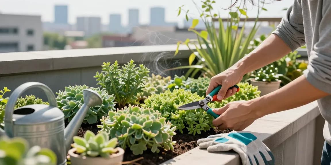 Huiseigenaar onderzoekt de nadelen van sedumdak in een daktuin met gesnoeide planten en tuingereedschap.