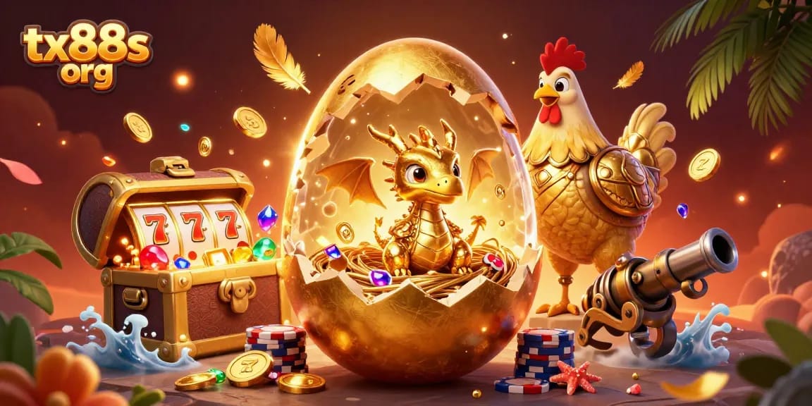 Engage with the exciting world of tx88s org, exploring a golden dragon and poker chips amidst colorful casino treasures.