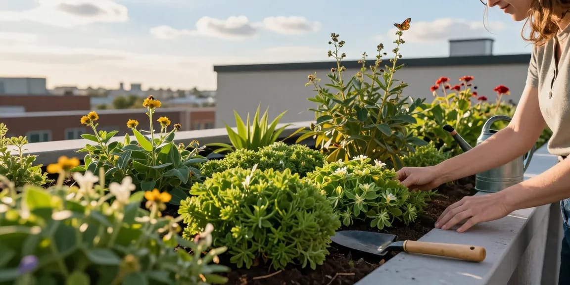 Het verkennen van de nadelen van sedumdak terwijl een sedumdak tuin in een stedelijke omgeving wordt geïnspecteerd