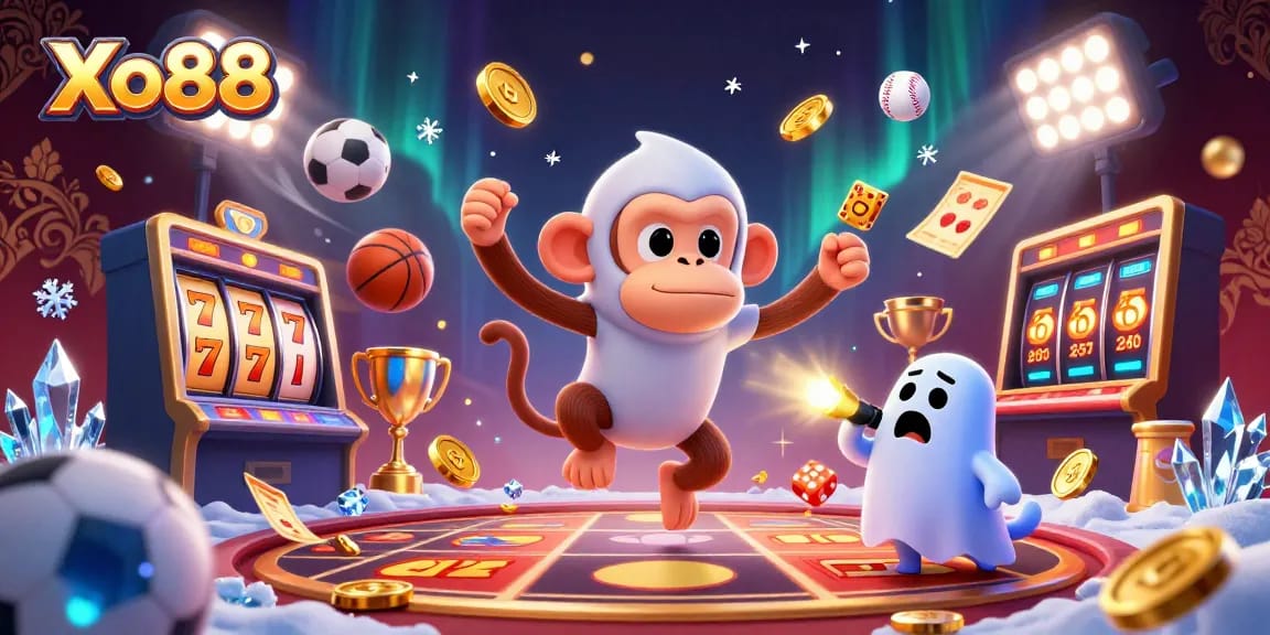 Xo88 casino adventure with a mischievous poltergeist monkey and a curious puppy investigating golden jackpot treasures.