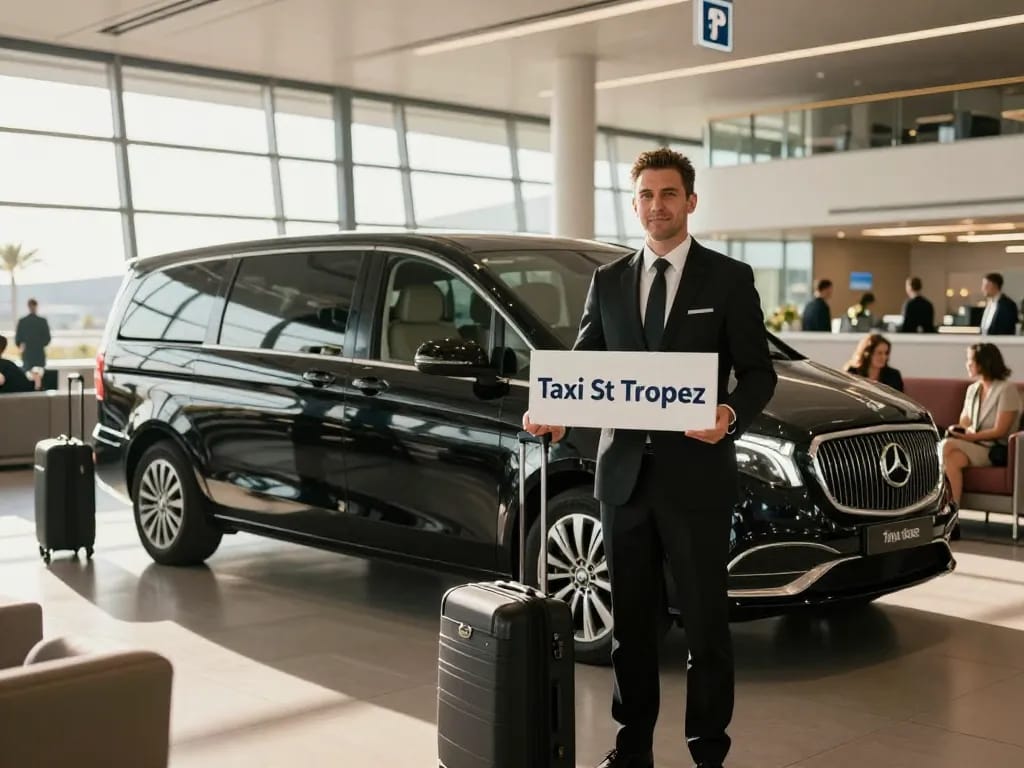 Service de transfert d'aéroport Taxi St Tropez avec chauffeur professionnel et véhicule de luxe.