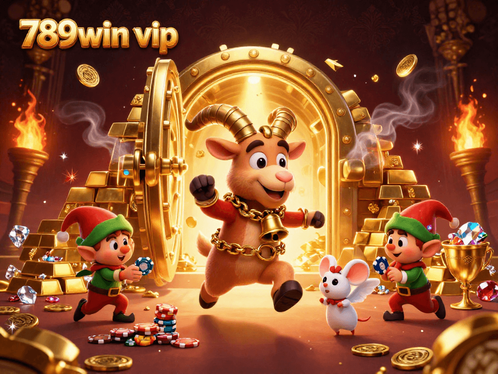 Experience 789win vip at a vibrant casino scene, full of gold treasures and playful characters.