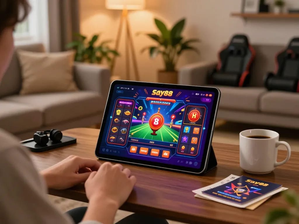 Tải app Say88 for immersive online gaming on a tablet in a cozy home setting