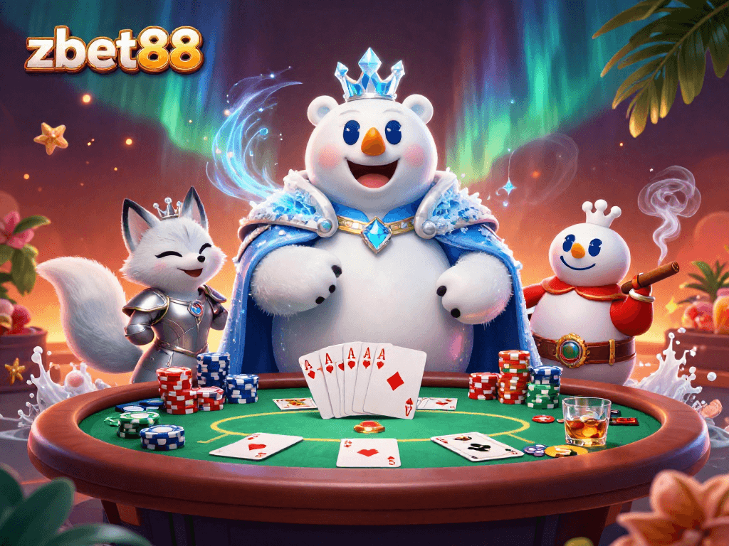 Experience winning strategies with zbet88 in a vibrant casino scene featuring poker elements and dynamic characters.