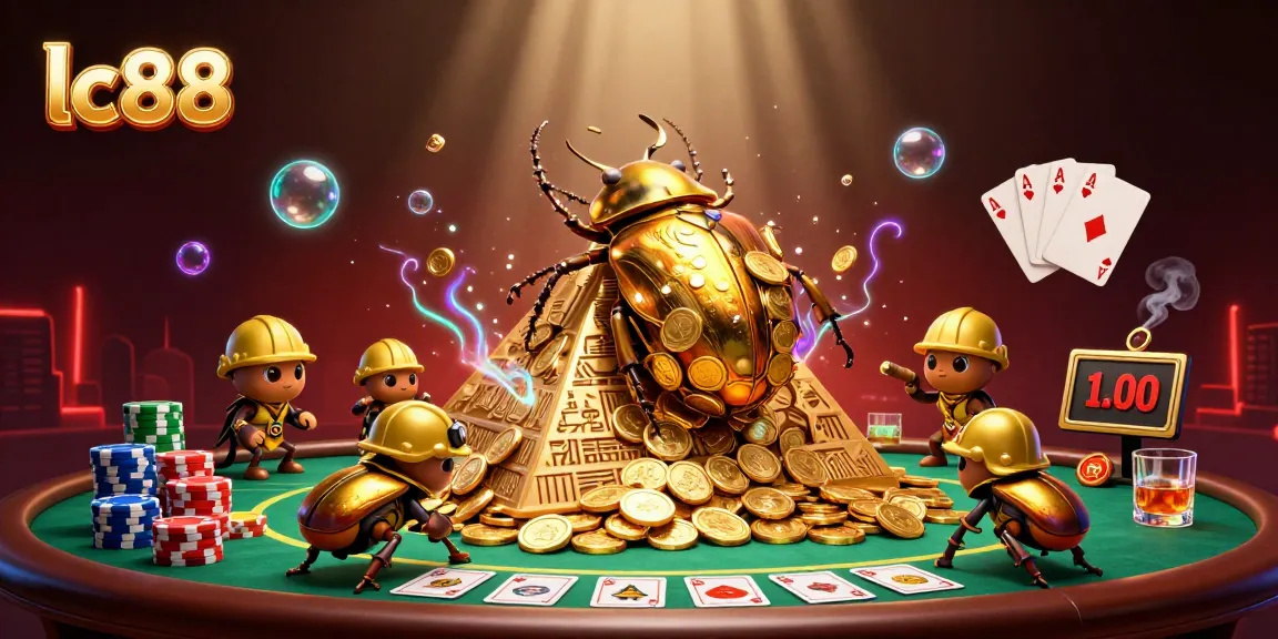 Experience exciting gameplay at lc88 with a dynamic scene of gambling symbolized by beetles and casino elements.