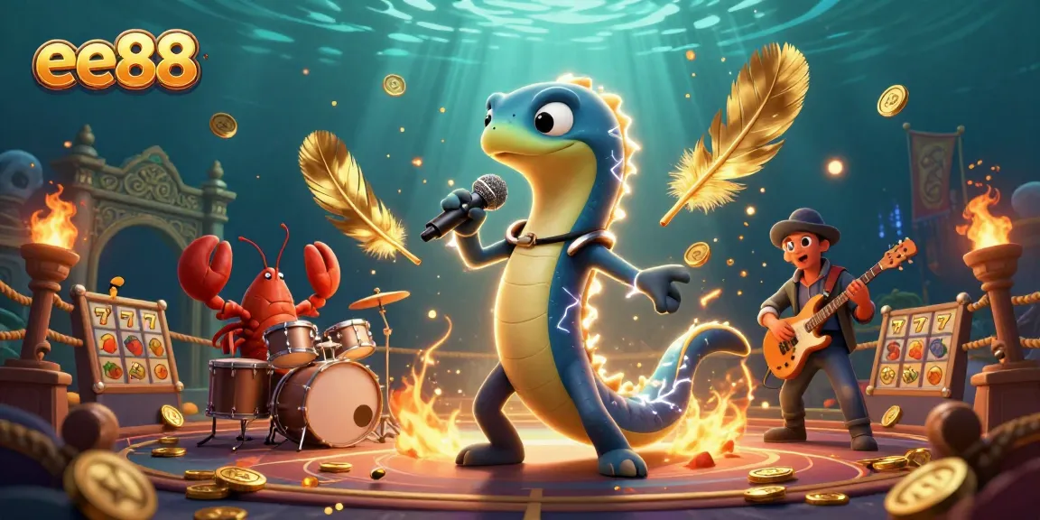 ee88 showcases a vibrant underwater casino scene featuring a DJ electric eel, lobster drummer, and seahorse guitarist.