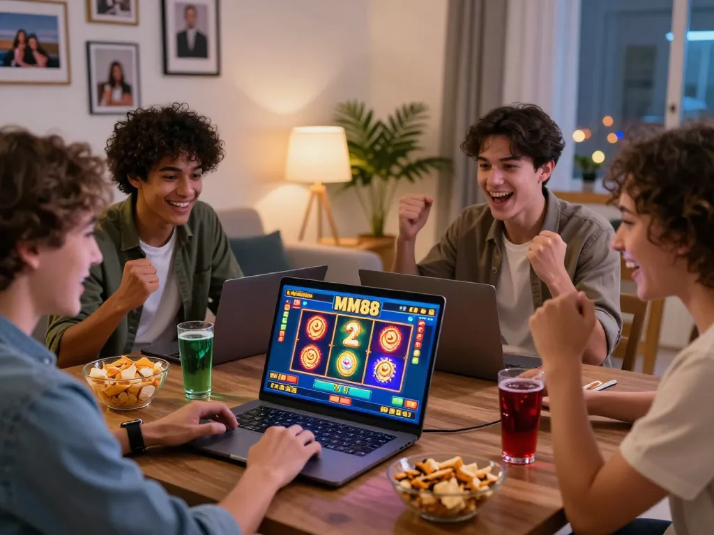 Diverse friends enjoying an exciting MM88 online casino game together in a cozy home setting.