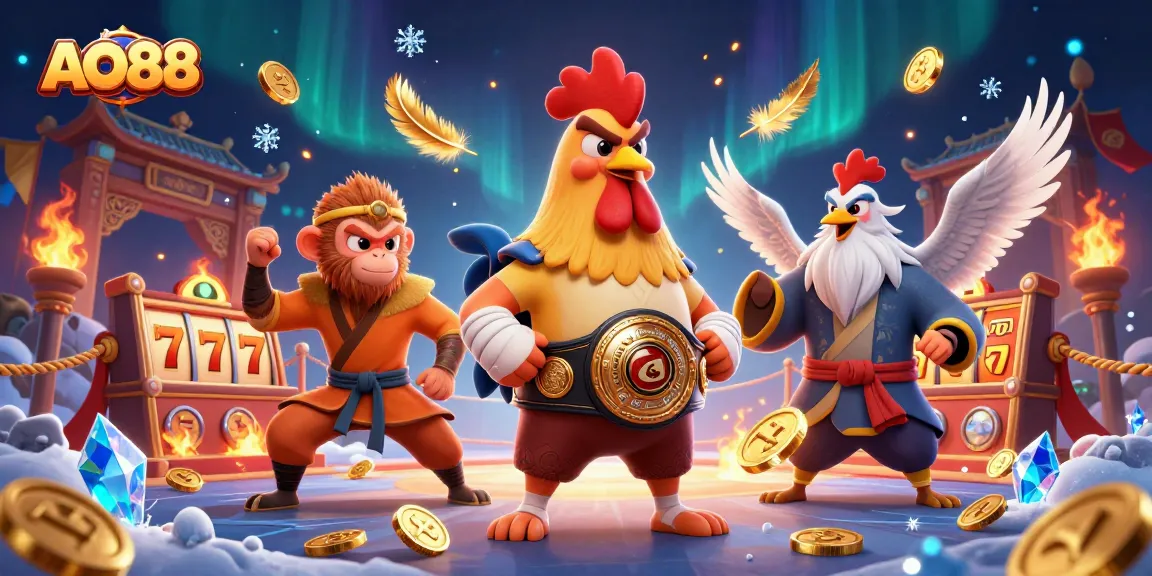 Experience excitement with AO88 casino characters amidst slot reels and golden coins.