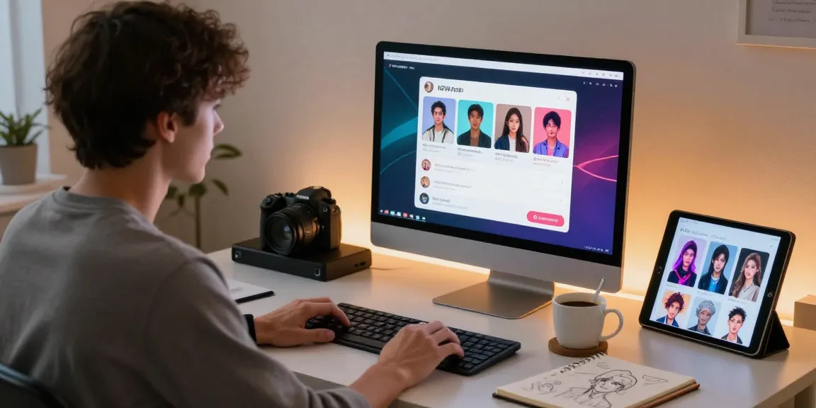 Engaging scene of NSFW AI chat on a modern computer, showcasing dynamic character interactions.
