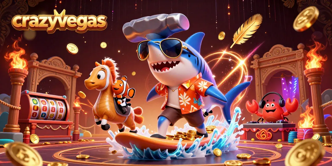 Spin and win with crazyvegas as characters surf gold coins on this vibrant casino-themed illustration.