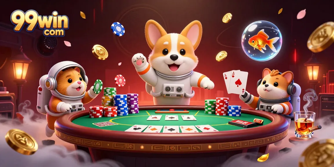 Experience high-stakes gaming at 99win com with a dynamic scene of floating casino excitement and animated characters.