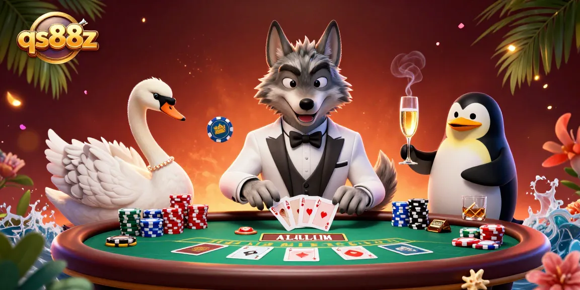 Experience excitement at qs88z with a lively baccarat scene featuring a charming wolf, elegant swan, and sophisticated penguin.