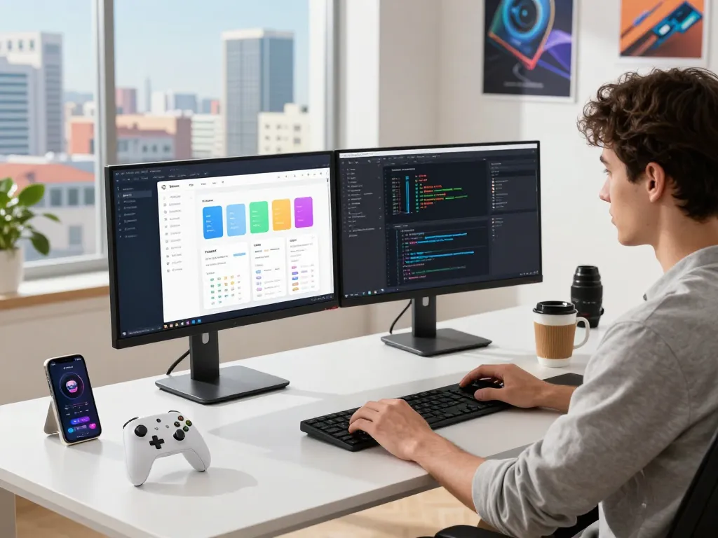 Showcasing top 10 tech gadgets 2046 in a modern workspace with Bluetooth devices and app development.