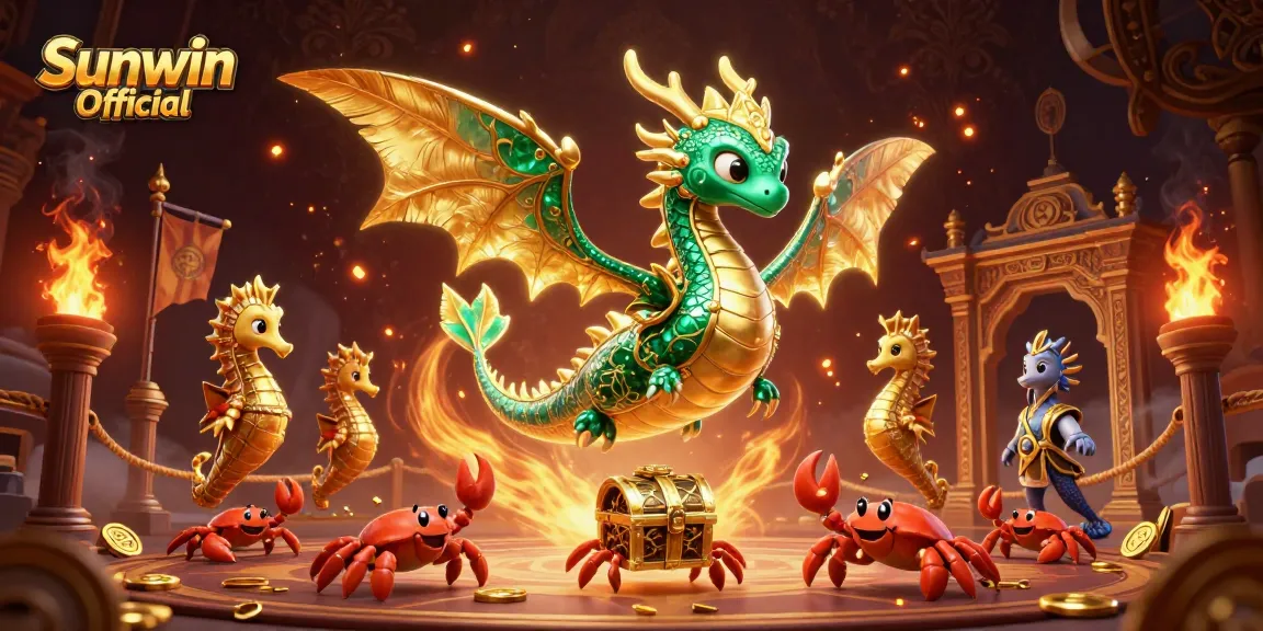 Engage with the thrilling world of Sunwin Official as a majestic sea dragon guards treasures amid vibrant casino elements.
