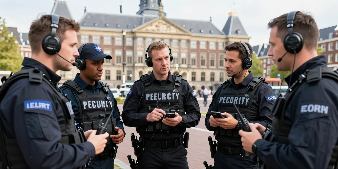 Security experts evaluating beveiliging den haag with equipment and city backdrop, demonstrating professionalism.