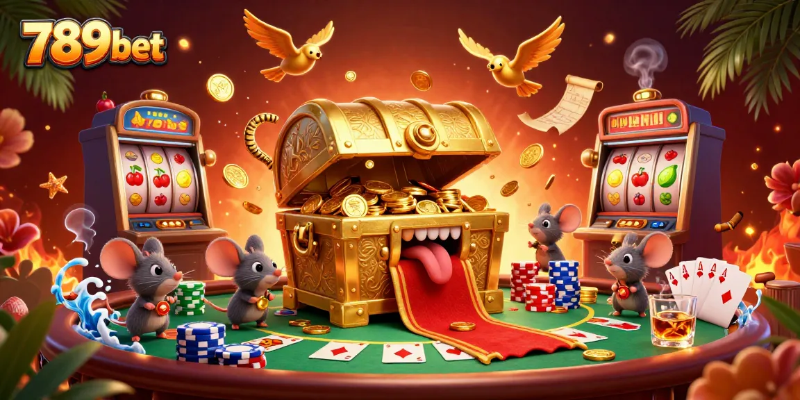 Bet big at 789bet with a vibrant 3D casino scene featuring animated treasure chests, poker tables, and slot machines.