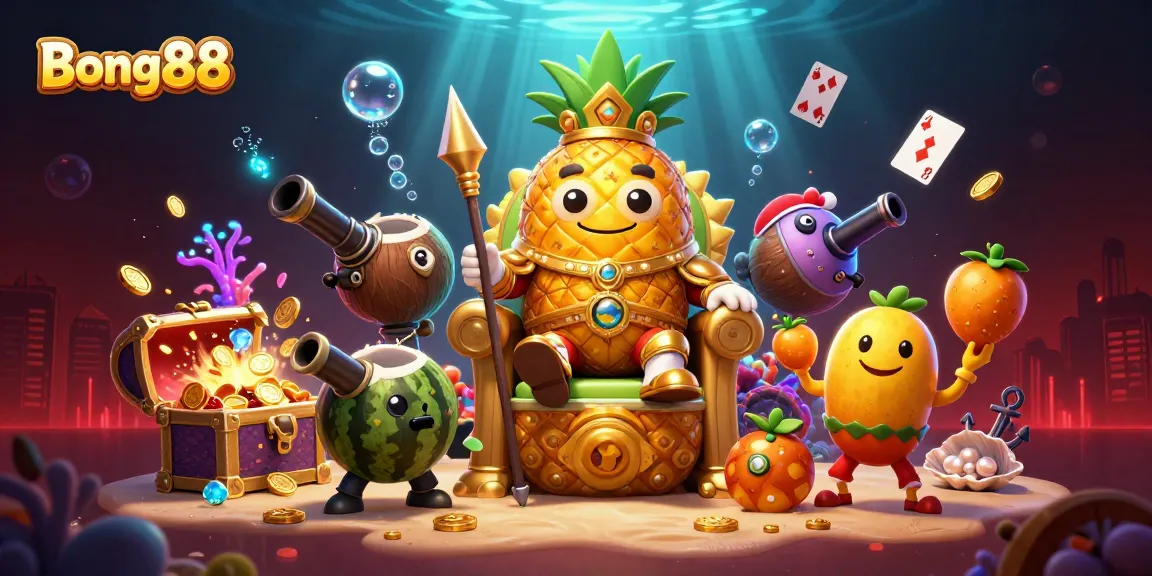 Experience thrilling gameplay with Bong88's golden pineapple king and dynamic casino scenery.