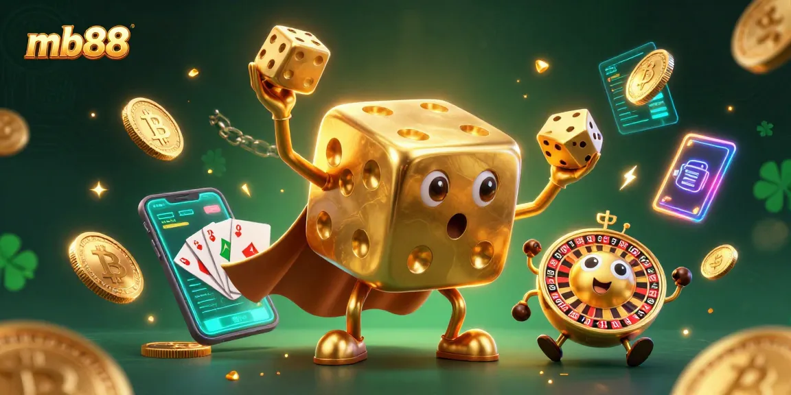 Experience thrilling gameplay at mb88 with massive golden dice, crypto coins, and vibrant casino elements.