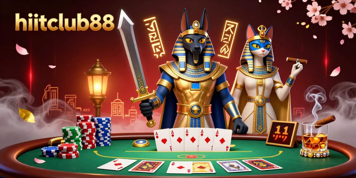 Engage with hitclub88's dynamic casino scene featuring Anubis and Bastet among poker elements.
