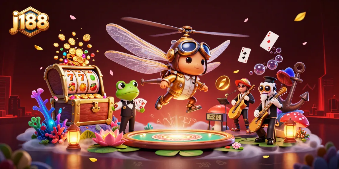 Experience thrilling action at j188 with a dragonfly pilot and a frog croupier among vibrant casino elements.