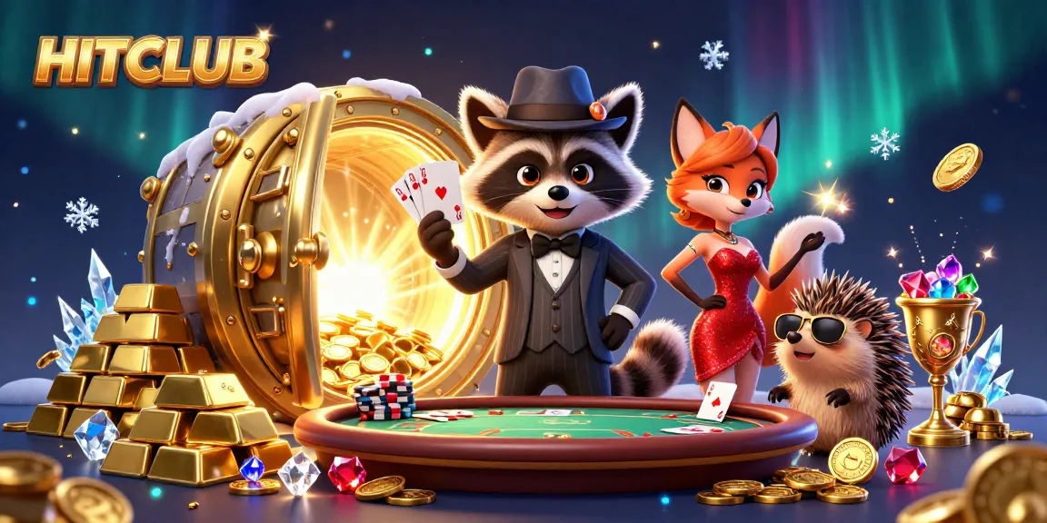 Join the excitement at HITCLUB with a suave raccoon and glamorous fox playing poker amidst sparkling treasures.