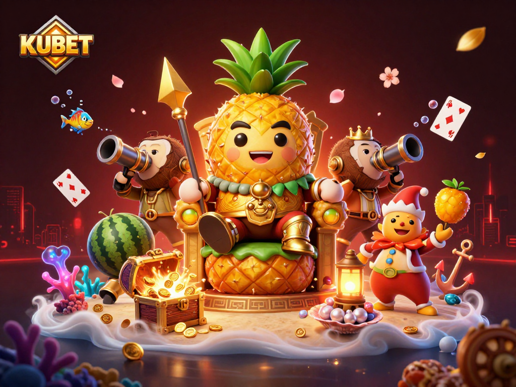 Players immerse in a vibrant KUBET casino adventure with a golden pineapple king and tropical riches.