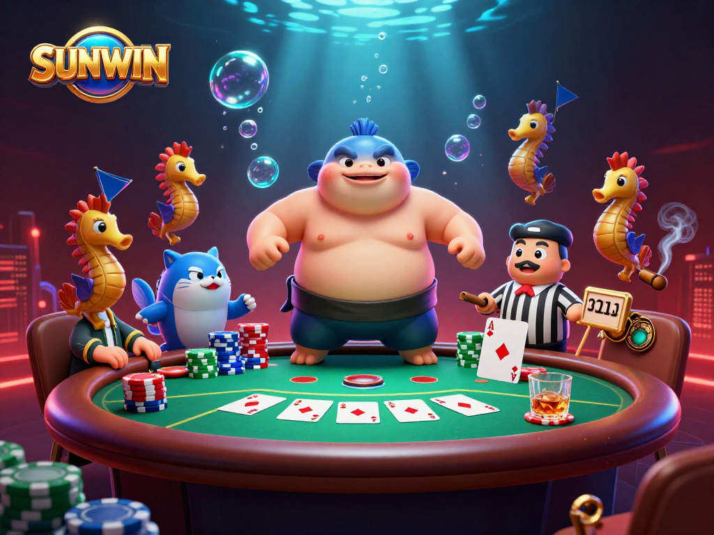 SUNWIN showcases a lively underwater casino scene with colorful characters and poker elements.