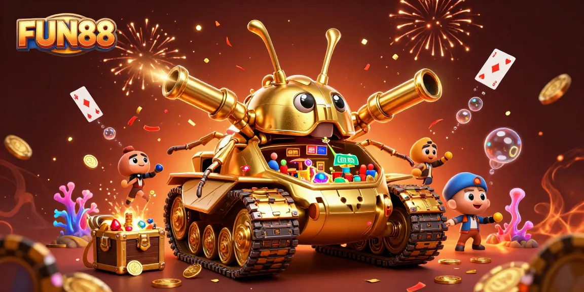 Enjoy the FUN88 casino experience with a vibrant 3D illustration showcasing a dynamic beetle tank casino.