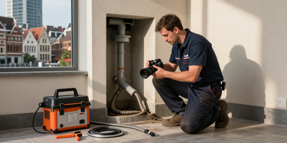 Ontstopping Antwerpen met professionele technicus in actie bij een riolering inspectie.