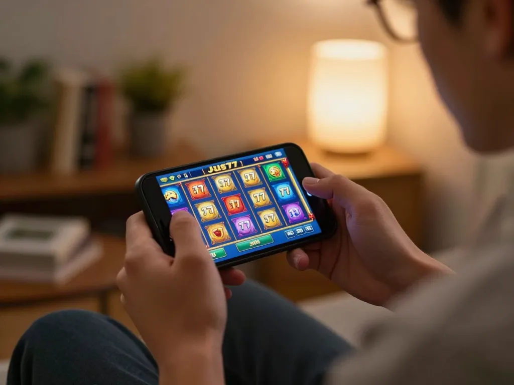 Player immerses in the thrilling jus77 online slot gameplay with smartphone in hand