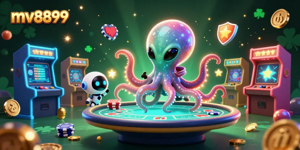 Play poker with the mv8899 alien octopus at a holographic table surrounded by arcade elements.